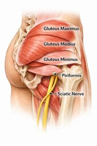 Anatomical diagram showing the gluteal muscles, piriformis muscle and sciatic nerve.